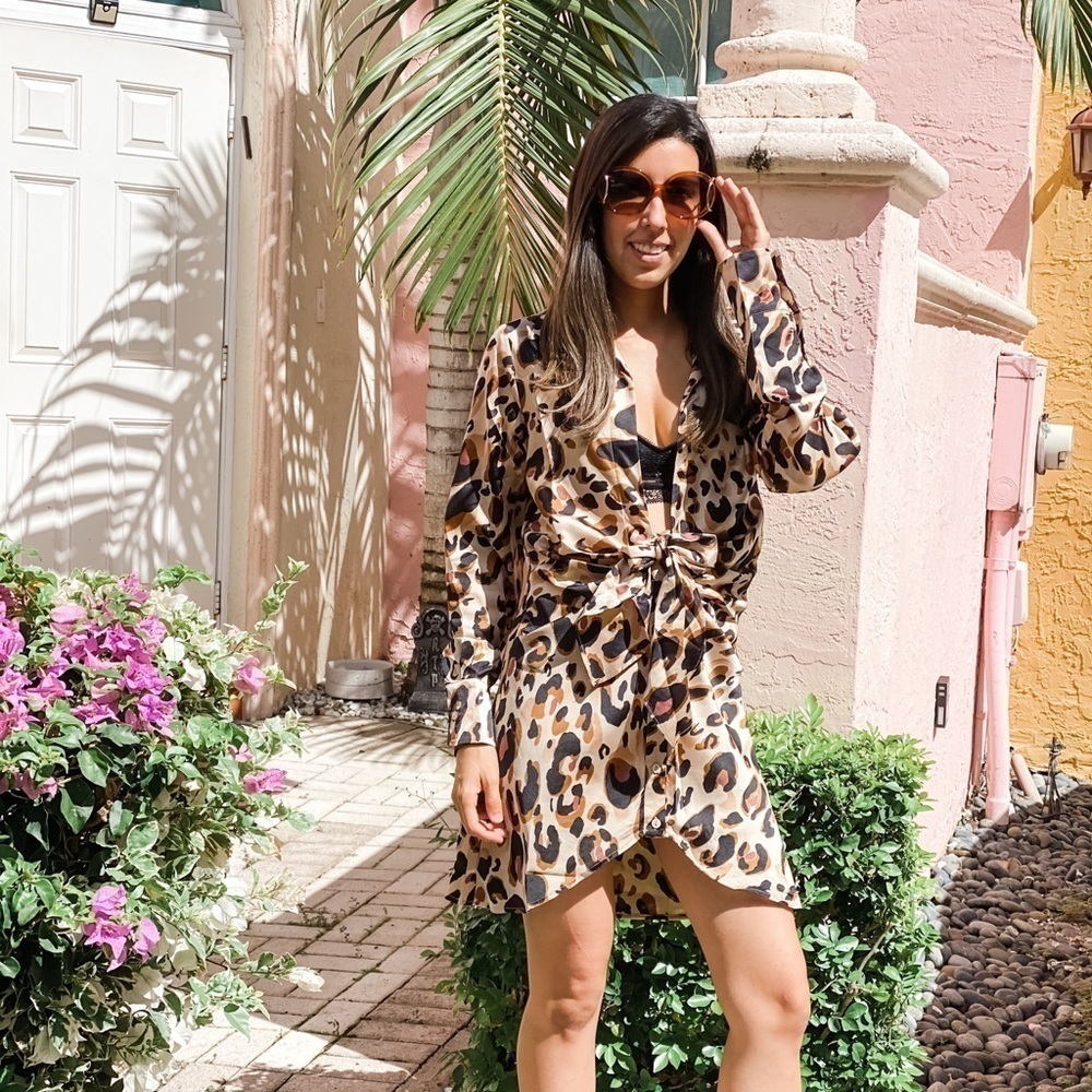 Hyfve Leopard Long Sleeve Low Cut Dress - Picture 2 of 3